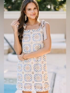 Crochet Sundress with Tie Straps - Beige Blue